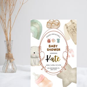 Inbjudan till babyshower med elefantmotiv | Minimalistisk Canvas-mall (digital nedladdning)