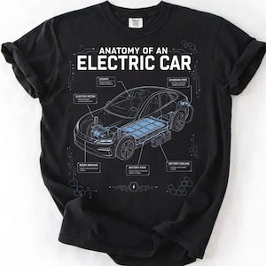 May include: A black t-shirt featuring a white and light blue graphic titled Anatomy of an Electric Car. The design displays a technical line drawing of a vehicle with labels pointing to components like the battery pack, motor, and charging port.