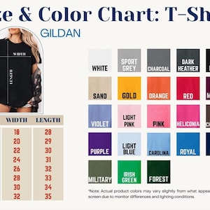 Op de afbeelding: Een Gildan t-shirt maat- en kleurengrafiek met een raster van vijfentwintig kleurvakken met labels zoals wit, sportgrijs, houtskool, donker heide, zwart, zand, goud, oranje, rood, kastanjebruin, violet, lichtroze, roze, heliconia, donkere chocolade, paars, lichtblauw, carolina, koningsblauw, marineblauw, militair, iers groen en bosgroen. Een tabel toont maten S tot 5XL met breedte- en lengtematen in inches.
