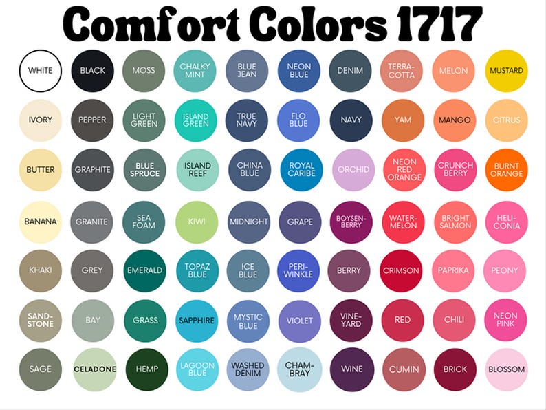 Op de afbeelding: Een kleurenkaart met de titel Comfort Colors 1717 met een raster van zestig cirkelvormige stalen in verschillende tinten, waaronder wit, zwart, mos, munt, blauw, denim, terracotta, meloen, mosterd, ivoor, peper, groen, marine, yam en mango.