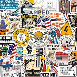 May include: A collection of colorful stickers with electrician-themed designs. The stickers feature skulls, lightning bolts, tools, and text like "Electrician" and "Circuits Be Trippin'". The stickers are a mix of shapes and sizes.
