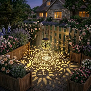 May include: A solar-powered garden lantern with a decorative, openwork design casts intricate patterns of light on a brick patio. The lantern is suspended from a metal stand, surrounded by flower boxes and a wooden fence, creating a warm, inviting ambiance.