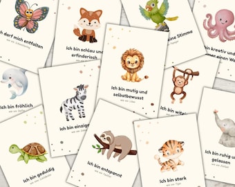 20 Tarjetas de Ánimo para Niños | PDF Imprimible | Afirmaciones de Animales para la Autoconfianza y la Fuerza Interior | Bosque, Safari, Agua, Aire