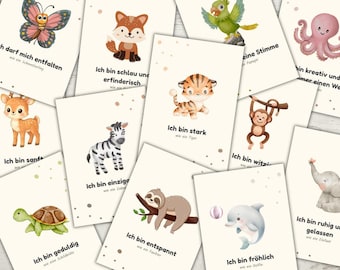 20 carte di incoraggiamento per bambini | PDF stampabile | Affermazioni di animali per la fiducia in se stessi e la forza interiore | Foresta, Safari, Acqua, Aria