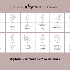 Puede incluir: Un conjunto de 12 tarjetas de afirmación para madres, con dibujos lineales de madres y bebés. Las tarjetas tienen detalles dorados y texto en alemán. La frase "Digital Download" también es visible.