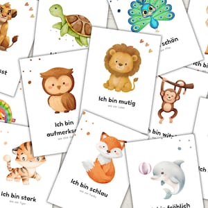 Könnte beinhalten: Eine Sammlung illustrierter Karten mit verschiedenen Tieren, darunter ein Löwe, eine Eule und ein Fuchs. Jede Karte hat einen deutschen Satz und ein passendes Tier, wie z. B. "Ich bin mutig wie ein Löwe" (Ich bin mutig wie ein Löwe). Die Karten sind weiß mit Illustrationen von Tieren im Aquarellstil.
