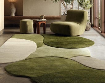 Moss Green Decor Hand-Tufted Abstract Wool Rug | Organic Shape Modern Area Carpet | Custom Sizes | Soft Sculptural Handmade Living Room Rug