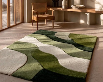 Handmade Green Hand-Tufted Wool Rug – Modern Abstract Wave Pattern | Soft Medium-Pile Area Carpet for Living Room, Bedroom Cozy Home Spaces