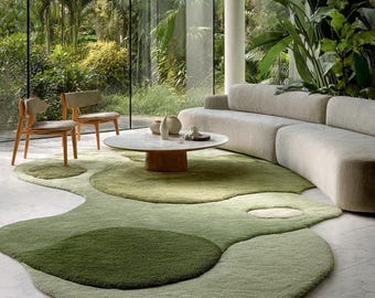 Moss Green Handmade Hand-Tufted Green Abstract Wool Rug, Organic Shape Modern Area Rug, Soft Sculpted Living Room Carpet Custom Sizes Rugs
