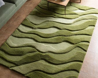 Moss Green Hand-Tufted  Wool Rug – Modern Wavy Pattern Area Carpet, Soft Textured Handmade Decor for Living Room, Bedroom & Cozy Home Spaces