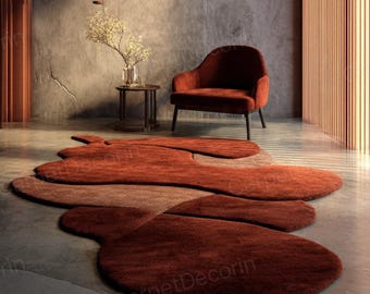 Alfombra abstracta de lana hecha a mano, con mechones a mano, en tonos terracota y óxido, con formas orgánicas para sala de estar, arte escultural moderno, tamaños personalizados.