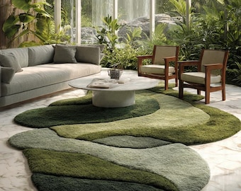 Moss Green High Low Cut Pile Handmade Hand-Tufted Green Abstract Wool Rug, 5x7 Organic Shape Area Rug, Modern Botanical Living Room Carpet
