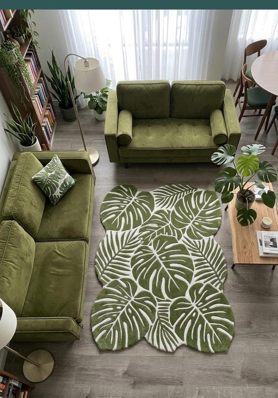 Monstera-Blatt-Teppich, handgetufteter Wollteppich, grün-weißes botanisches Muster, Teppich mit gewelltem Rand, tropisches, naturnahes Dekor, Wohnzimmer