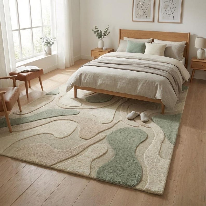 Buy Abstract Organic Rug, Wavy Curved Pattern, Sage Moss Green & Cream ...