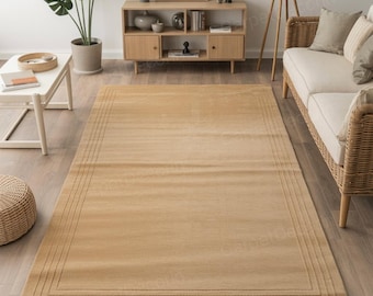Sand Color Hand-Tufted Wool Border Rug | Neutral Beige Modern Area Carpet | Minimalist Scandinavian Living Room Rug | Custom Size Soft Wool