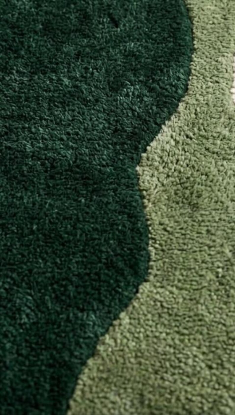 Abstract Area Rug, Irregular Wavy Shape, Green Cream Wool, Hand Tufted ...