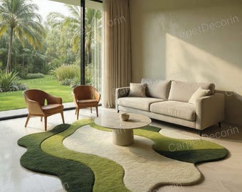 Moss Green Hand-Tufted Abstract Green Wool Rug 5x7, Organic Shape Modern Area Carpet, Handmade Sculptural Rug for Living Room Bedroom Custom