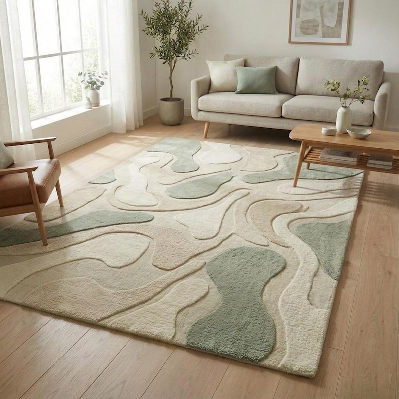 Buy Abstract Organic Rug, Wavy Curved Pattern, Sage Moss Green & Cream ...