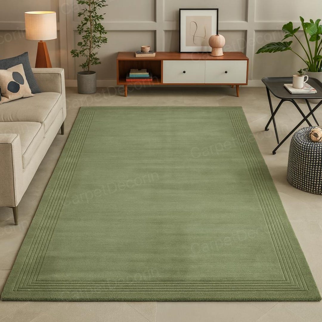 Sage Green Wool Rug – Modern Bordered Area Carpet for Living Room ...