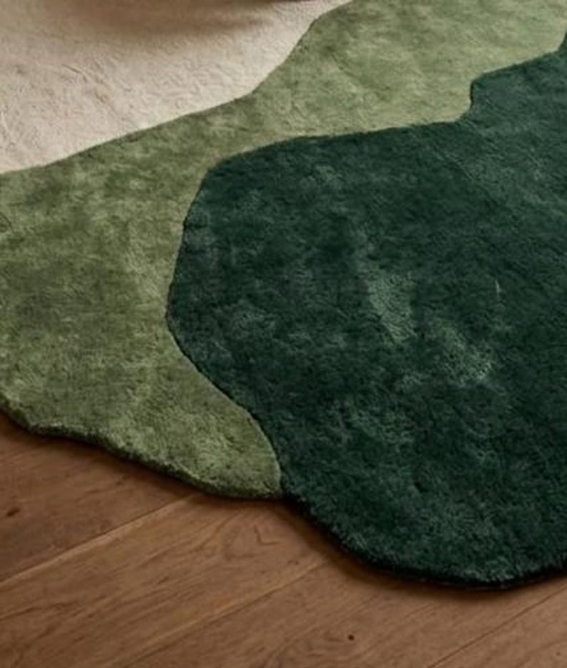 Abstract Area Rug, Irregular Wavy Shape, Green Cream Wool, Hand Tufted ...