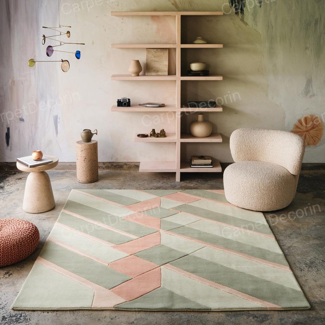 Hand-tufted Modern Abstract Wool Rug – Olive Green & Lilac Pattern ...