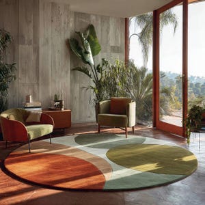 Tapete redondo de lã feito à mão, tufado à mão, 1,83 m | Tapete redondo abstrato verde e moderno em terracota | Tapete moderno para decoração de sala de estar e escritório