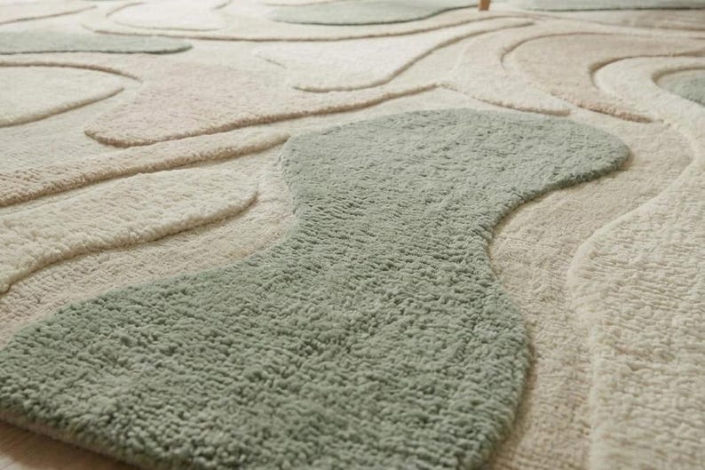 Buy Abstract Organic Rug, Wavy Curved Pattern, Sage Moss Green & Cream ...