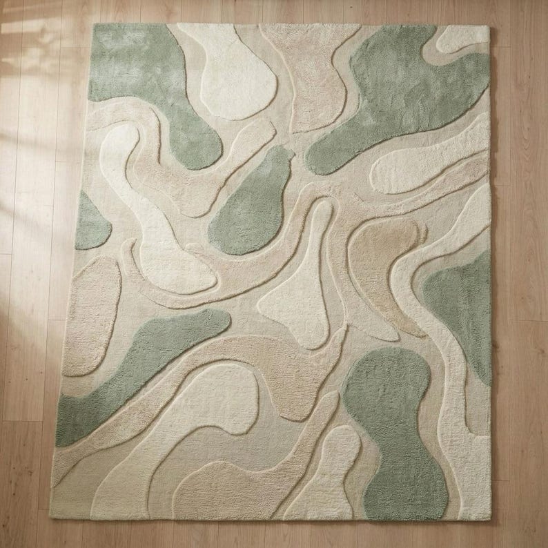 Buy Abstract Organic Rug, Wavy Curved Pattern, Sage Moss Green & Cream ...