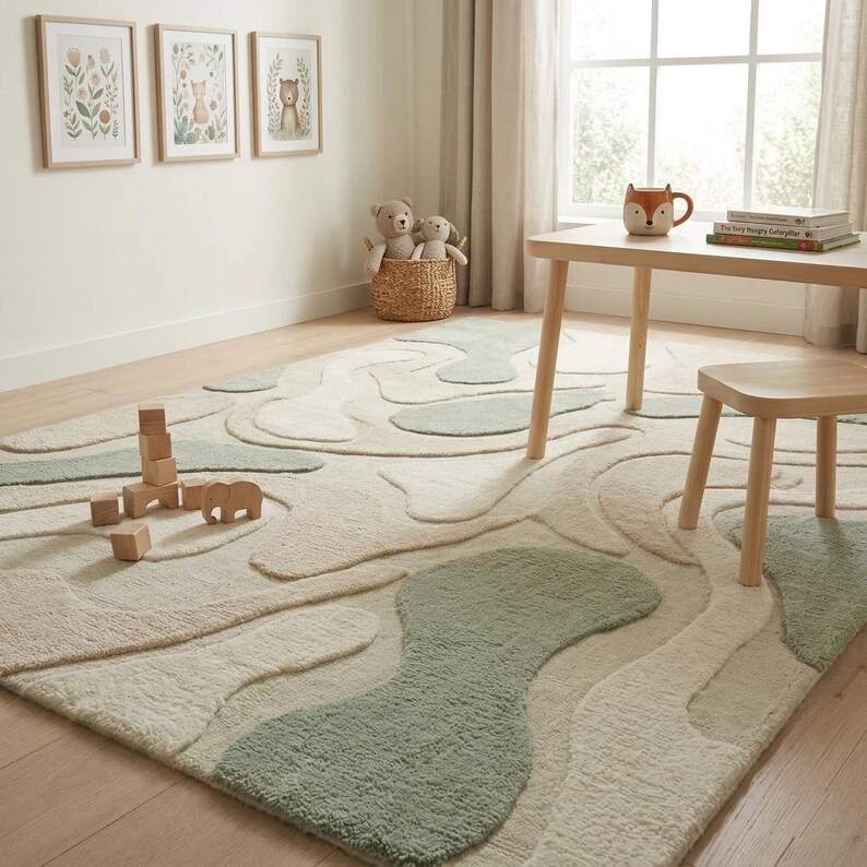 Buy Abstract Organic Rug, Wavy Curved Pattern, Sage Moss Green & Cream ...