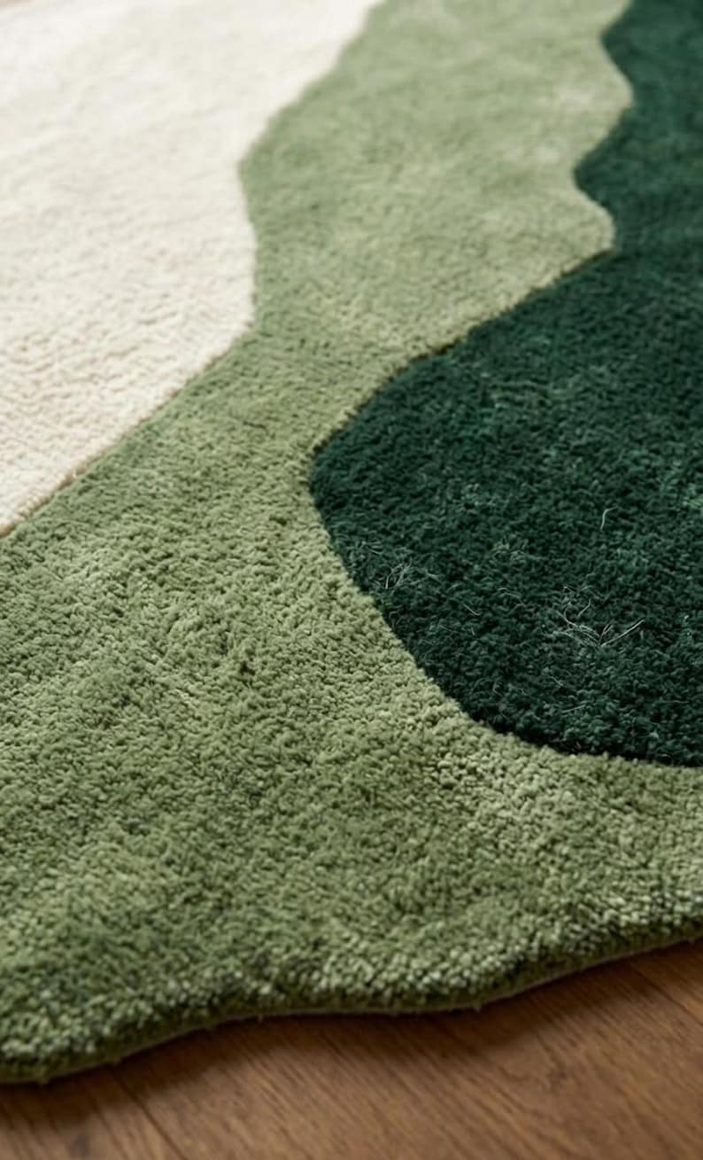 Abstract Area Rug, Irregular Wavy Shape, Green Cream Wool, Hand Tufted ...