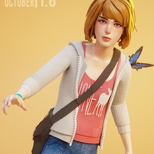 May include: A detailed figurine of a young person with short brown hair, wearing a red tank top, a gray zip-up hoodie, and blue jeans. A blue butterfly rests on the shoulder. The text "OCTOBER 1:6" is visible.