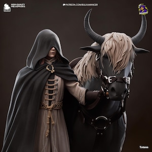 May include: A figure in a hooded cloak and a long dress stands beside a dark-colored animal with large horns. The figure's cloak is dark green, and the dress is beige with gold accents. The animal has a light-colored mane and is wearing a bridle.