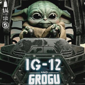 IG-11 med Grogu-byst | 3D-hartstryckt och handmålat samlarobjekt – Star Wars-displayfigur bild 3