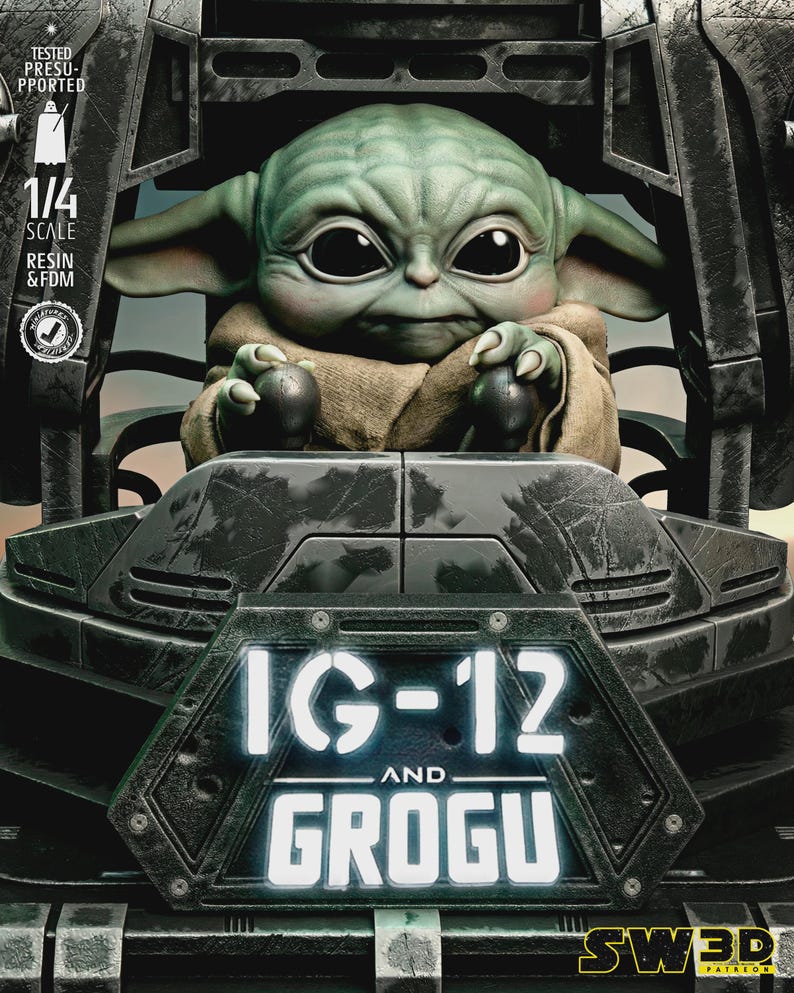 IG-11 med Grogu-byst | 3D-hartstryckt och handmålat samlarobjekt – Star Wars-displayfigur bild 3