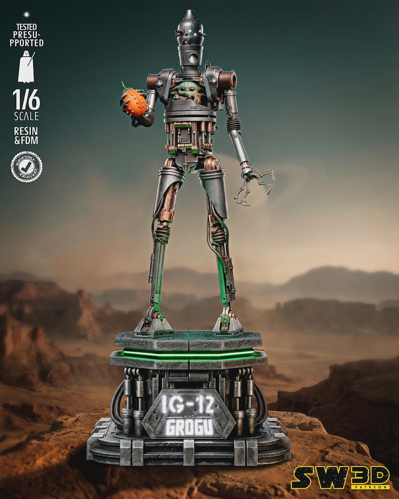 May include: A detailed 1/6 scale resin and FDM model of IG-12 Grogu, a Star Wars character. The figure is metallic with green and copper accents, holding a pumpkin-like object. The base features the text "IG-12 Grogu".