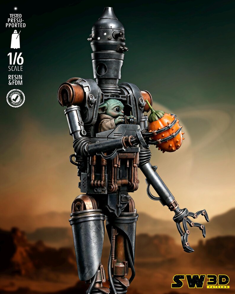 May include: A detailed 1/6 scale resin and FDM model of a droid with a baby alien inside. The droid is primarily dark gray with copper-colored accents. The baby alien is green and holding a spiky orange fruit. The model is set against a blurred desert background.