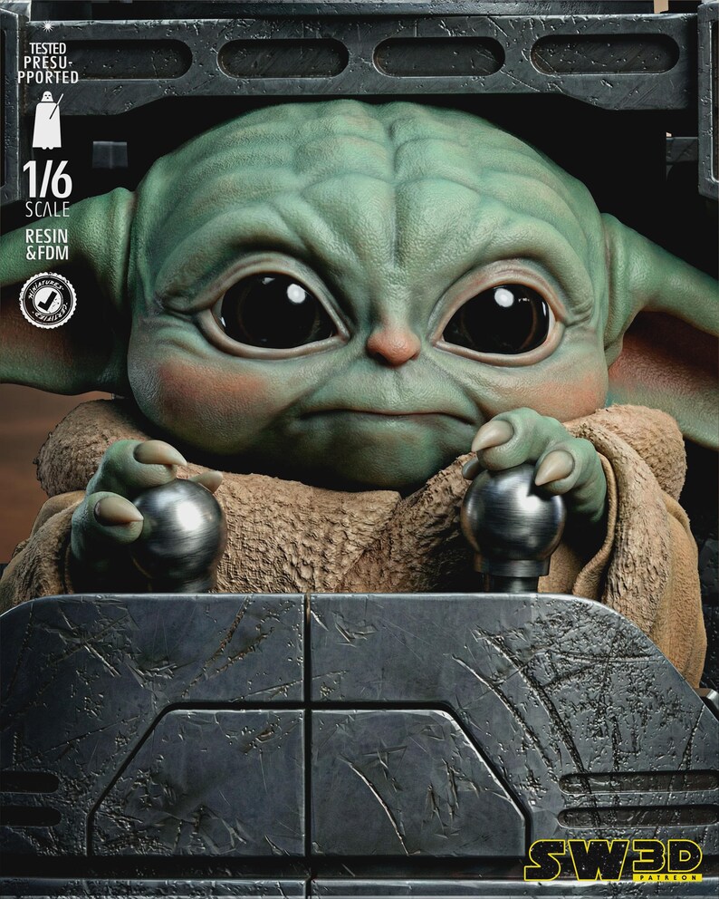 May include: A detailed 1/6 scale resin figure of a green-skinned alien with large black eyes, wearing a tan robe, and holding two silver spheres. The figure is set in a dark gray, textured environment. The figure is from the Star Wars universe.