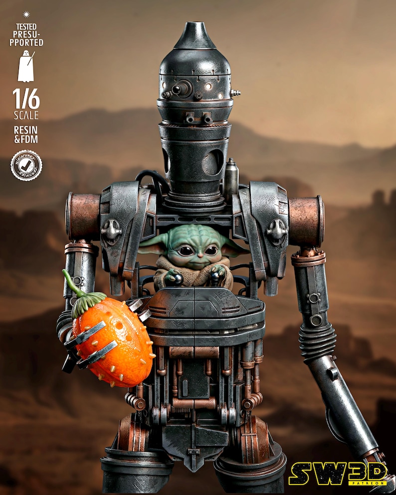 May include: A detailed action figure of IG-11 holding a fruit, with Grogu inside. The figure is metallic with copper accents. The fruit is orange with spiky protrusions. The figure is 1/6 scale. The text on the figure says "SW3D".