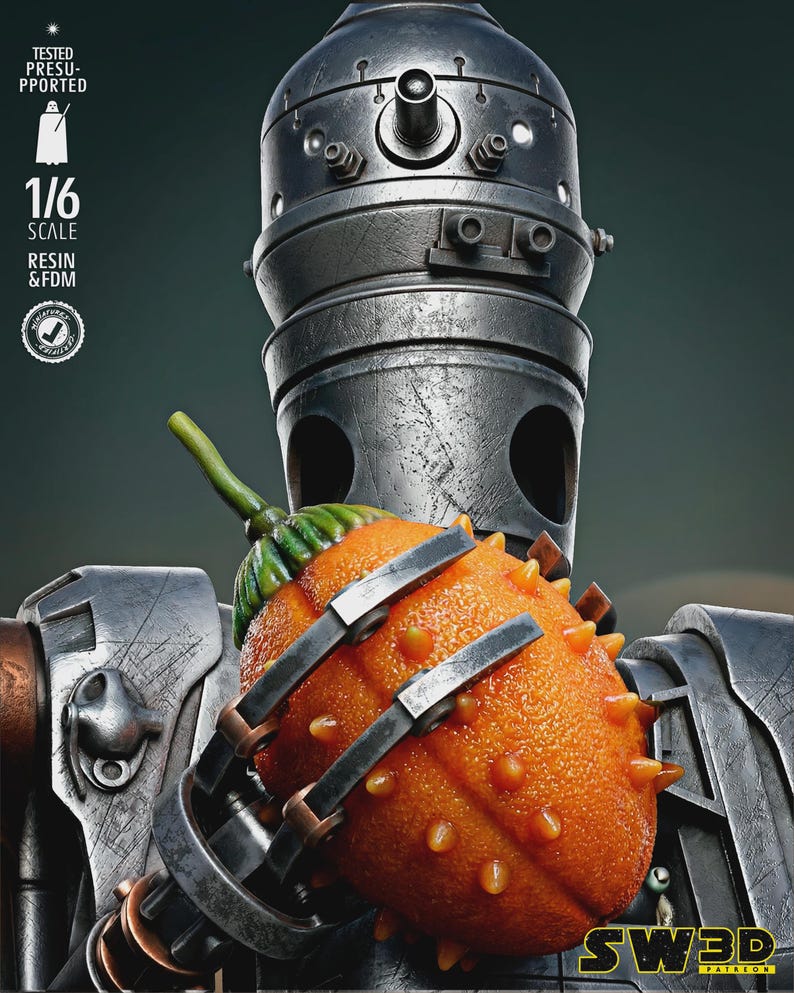 May include: A detailed, metallic robot figure holding a vibrant orange kiwano fruit. The robot has a cylindrical head and mechanical arms. The fruit is covered in small, orange spikes. The image includes text that reads "TESTED PRESUPPORTED" and "1/6 SCALE".