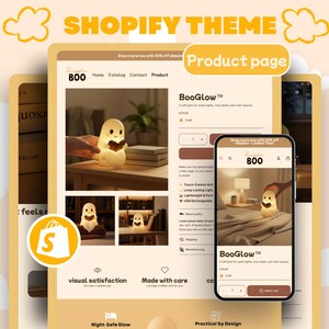 May include: A Shopify theme product page mockup showcasing a BooGlow night light. The design includes a website layout and a mobile phone display, highlighting the product and its features. The theme uses a warm, inviting colour palette.