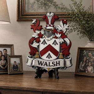 Może przedstawiać: Dekoracyjny herb rodzinny z napisem "WALSH" na bannerze. Herb ma czerwone, białe i czarne akcenty, z motywem tarczy i ozdobnymi detalami. Jest eksponowany na drewnianej powierzchni, obok oprawionych zdjęć rodzinnych.