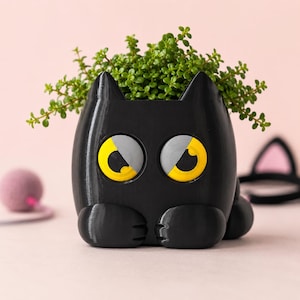 Peut inclure: Un pot de fleurs en forme de chat noir avec de grands yeux expressifs jaunes et gris. Le pot présente deux oreilles pointues et deux pattes avant reposant à la base. Une petite plante verte feuillue pousse au sommet du récipient chat.