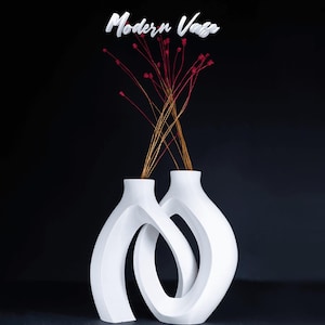 May include: A white double-chambered vase with an interlocking, curved design holding thin, dark red dried stems. The text "Modern Vase" is displayed in white script above the vase against a solid black background.