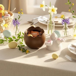 May include: An Easter table setting featuring a brown egg-shaped container filled with treats. A white bunny figurine with pink details is placed nearby. The table is decorated with flowers, eggs, and a wicker basket.