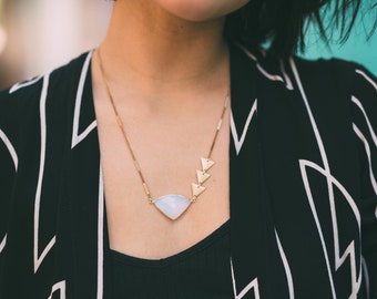 Arrows -- opal gemstone bezel and brass triangles necklace, minimalist, geometric, layering pendant, neutral, for her, boho mid-length short