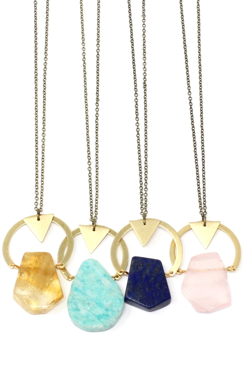 Celeste Gemstone And Geometric Pendant Necklace Lapis Ite Citrine Pink Rose Quartz Under 40 For Her Minimalist Labradorite