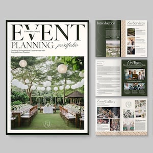 Op de afbeelding: Event planning portfolio met een groen en wit ontwerp. De cover bevat de tekst "EVENT PLANNING portfolio" en een afbeelding van een buitenevenement. Binnenpagina's bevatten "Introduction", "Our Services", "Our Team" en "Event Gallery".