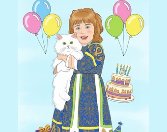 Aangepaste verjaardagskleurplaat van foto, gepersonaliseerd activiteitenblad kinderfeestje, afdrukbare pdf van foto naar lijntekeningen, png