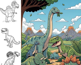 Dinosaur Coloring Book Printable, Dino Land Coloring Pages PDF, Toddler Preschool Activity Book, T Rex Coloring Set