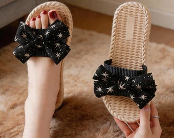 Boho Bow Woven Slide Sandals, Floral Beach Footwear, Summer Bohemian Slides for Women